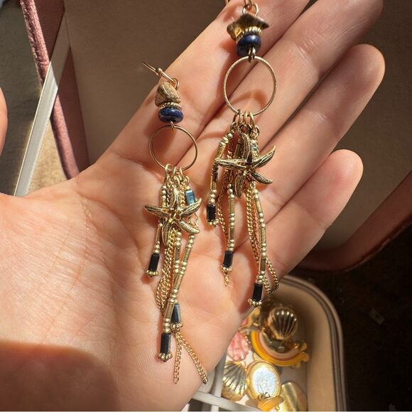 Gold and Blue Beachy Starfish Dangle Earrings - Picture 2 of 5